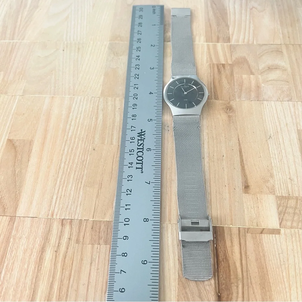 Skagen men’s black dial stainless steel dress watch NEW BATTERY